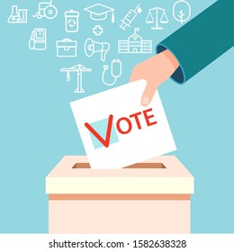 Cartoon Color Voting Process Poster Card Election Concept Flat Design Include of Hand and Box. Vector illustration