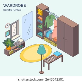 Cartoon Color Wardrobe Room with Clothes Furniture Setting Concept 3d Isometric View Line Elements. Vector illustration