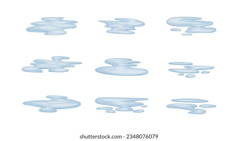 Cartoon Color Water Spill Puddles Set Concept Flat Design Style. Vector illustration of Blue Liquid Different Shape