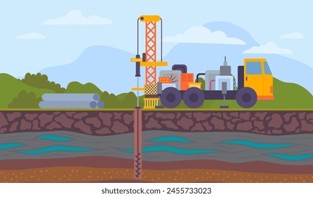 Cartoon Color Water Well Drilling Landscape Scene Industry and Technology Concept Flat Design Style. Vector illustration of Layers of Land with Underground River