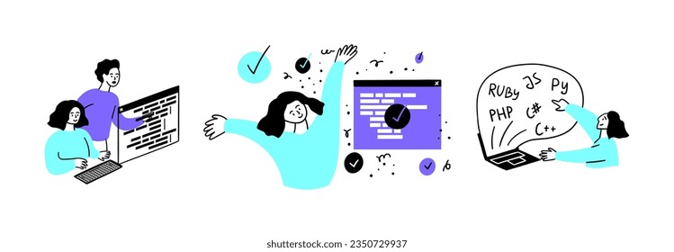 Cartoon Color Web Development Concept Scenes Set Flat Design Style. Vector illustration of Characters Girl and Boy Taking part in Coding