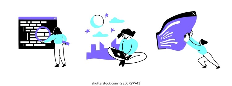 Cartoon Color Web Development Concept Scenes Set Flat Design Style. Vector illustration of Character Girl Taking part in Development Situations