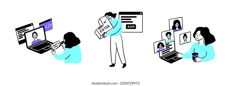 Cartoon Color Web Development Concept Scenes Set Flat Design Style. Vector illustration of Characters Men or Women Programming Apps