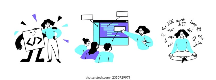 Cartoon Color Web Development Concept Scenes Set Flat Design Style. Vector illustration of Character Girl Project Presentation