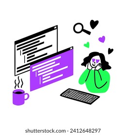 Cartoon Color Web Development Concept Scene with Character Girl Developing Software or Game Flat Design Style. Vector illustration
