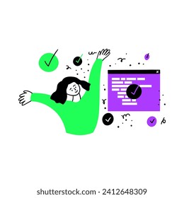 Cartoon Color Web Development Concept Scene mit Character Girl und fertig programmiertem Flat Design Style. Vektorgrafik