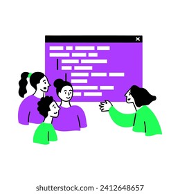 Cartoon Color Web Development Concept Scene mit Character Girl und People Software Präsentation Flach Design Style. Vektorgrafik
