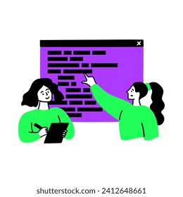 Escena de concepto de desarrollo web de color de dibujos animados con caracteres Niñas estilo de diseño plano de codificación de guiones. Ilustración del vector