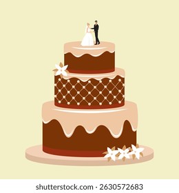 Cartoon Color Wedding Cake with Flowers and Figurines of Bride and Groom on Top Concept Flat Design Symbol of Love and Marriage. Vector illustration