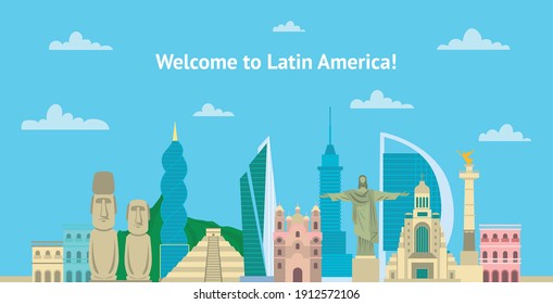 Cartoon Farbe Willkommen in Lateinamerika Tourismus Konzept Template Banner Card Flat Design Stil. Vektorgrafik