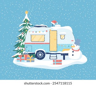 Cartoon Color Winter Camp Trailer with Snowman and Fir Merry Christmas and Happy New Year Concept Flat Design Style . Vector illustration