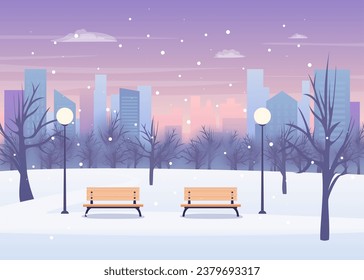 Cartoon Color Winter City Park Landscape Scene Concept Flat Design Style. Vector illustration of Public Recreation Garden Season Snowfall
