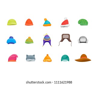 Cartoon Color Winter Hats and Scarves Headwear Icon Set on a White Store Concept Flat Design Style Knitting Caps for Cold Weather. Vector illustration