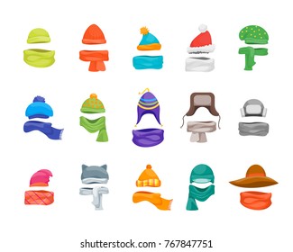 Cartoon Color Winter Hats and Scarves Headwear Icon Set Store Concept Flat Design Style Knitting Caps for Cold Weather. Vector illustration