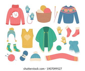 Cartoon Color Winter Knit Clothes Icons Set Flat Design Style Include of Hat, Scarf, Sweater and Sock. Vector illustration of Icon