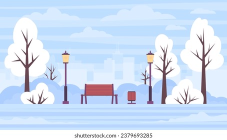 Caricatura Color Invierno Snowy Park Paisaje Escenario Concepto de diseño plano en invierno. Ilustración vectorial de árboles, bancos y nevadas