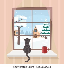 Cartoon Color Winter Window View Concept Flat Design Style. Vector illustration of Seasonal Landscape and Cat at Home