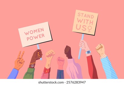 Cartoon Color Woman Hands holding Banner of Women Power Set Female Solidarity Concept Flat Design Style. Vector illustration