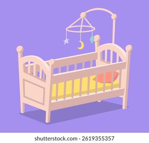 Cartoon Color Wooden Baby Cot with Hanging Toy Kid Sleep Room Furniture Concept Flat Design Style. Vector illustration