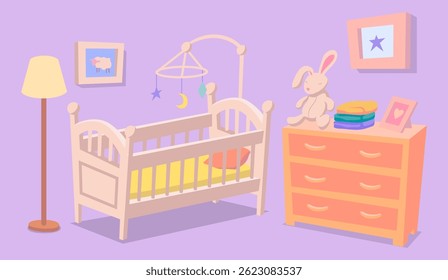 Cartoon Color Wooden Baby Cot with Hanging Toy Kid Sleep and Dresser Room Interior Inside Scene Concept. Vector illustration