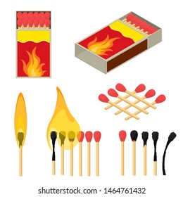 Cartoon Color Wooden Match Stick Set at Different Elements Icon Concept Flat Design. Vector illustration of Icons