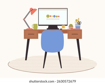 Cartoon Color Workplace with Desk, Chair and Computer Home or Office Furniture Concept Flat Design Style. Vector illustration