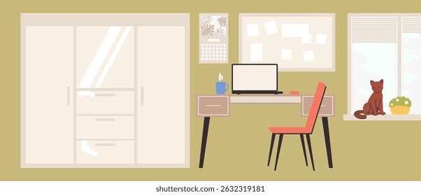 Cartoon Color Workplace with Desk, Chair and Wardrobe Room Interior Inside Concept. Vector illustration