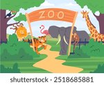 Cartoon Color Zoo Park Entrance with Safari Animals Concept Flat Design Style. Vector illustration of Elephant, Giraffe, Lion, Flamingo and Monkey on Territory