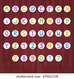 Cartoon colored alphabet. Letters and numbers in circles. Vector illustration. 