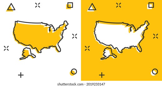 Cartoon colored America map icon in comic style. USA sign illustration pictogram. Country geography splash business concept.