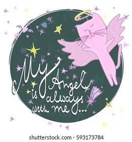 Cartoon colored background with lovely angel cat. Vector decorative card template made of doodle style. 