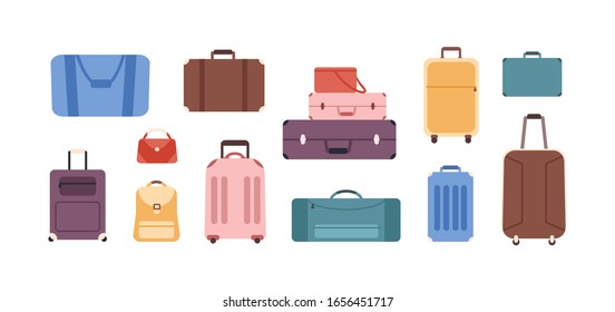 Cartoon colored baggage bag set isolated on white background. Different plastic, metal and leather luggage vector flat illustration. Various travel suitcase, business bags and backpack