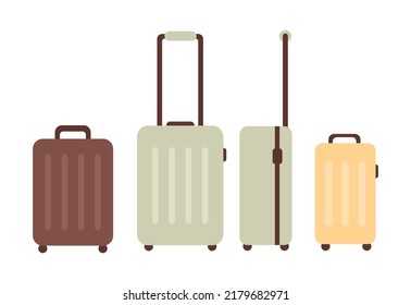 Bolsa de equipaje de color caricatura aislada sobre fondo blanco. Diferentes ilustraciones planas vectoriales de equipaje de plástico. Varias maletas de viaje, bolsas de negocios y mochila