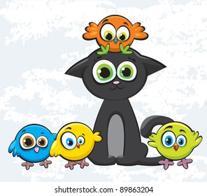Cartoon colored birds and black kitty