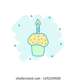 Cartoon colored birthday cake icon in comic style. Fresh pie muffin illustration pictogram. Cake sign splash business concept.