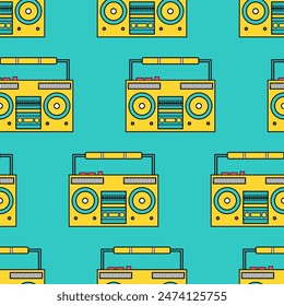 Cartoon colored boombox seamless vector pattern. Isolated. Wave