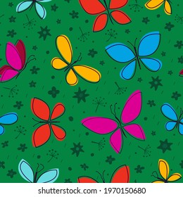 Cartoon colored butterflies. Seamless pattern. Colorful summer background. Vector illustration.