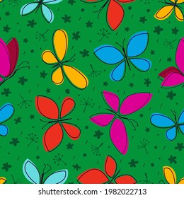 Kartoonfarbene Schmetterlinge. Nahtloses Muster. Farbiger Sommerhintergrund. Vektorgrafik.