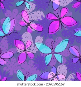 Cartoon colored butterflies. Seamless pattern. Colorful summer background. Vector illustration.