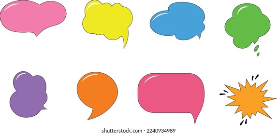 Caricatura coloreada con burbuja de habla. Concepto de comunicación. Habla globo sobre fondo transparente. Nube de color. Comunicación, diálogo, símbolos vectores de retroalimentación.