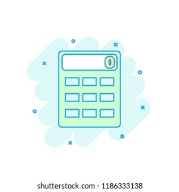 Cartoon colored calculator icon in comic style. Calculate sign illustration pictogram. Calculator splash business concept.