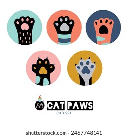 Cartoon colored cat paws set. Polka dot. Vector illustration.Transparent background. Vector illustration.
