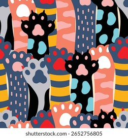 Patas de gato de colores de dibujos animados. Ilustración vectorial. Patrón sin fisuras. Puede ser utilizado en la industria textil, papel, fondo, scrapbooking.