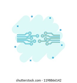 Cartoon colored circuit board icon in comic style. Technology scheme illustration pictogram. Microchip sign splash business concept.