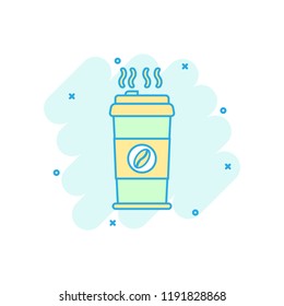 Cartoon colored coffee cup icon in comic style. Coffee bowl illustration pictogram. Caffeine sign splash business concept.