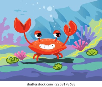 Cartoon colored crab. Drawings for children. Kindergarten. Print. Children's book. Puzzle, games, etc.