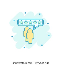 Cartoon colored customer reviews icon in comic style. Rating feedback illustration pictogram. Review sign splash business concept.