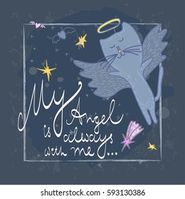 Cartoon colored dark background with lovely angel cat. Vector decorative card template made of doodle style. 