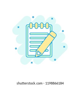 Cartoon colored document with pencil icon in comic style. Note illustration pictogram. Notebook sign splash business concept.