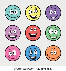 Cartoon colored emoticons is smiling or laughing. Different colorful emoji as stickers set for design websites, applications, clothes, accessories, signs, logo or social media. Various smiling faces.